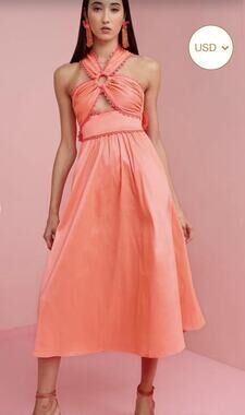 CeliaB Avalon Dress Womens Medium Coral Orange Halter Cutout Midi NWT